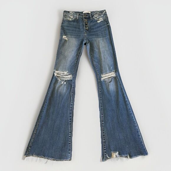 Flying Monkey Womens 28 Jeans High Rise Flare Distressed Button Fly - Picture 1 of 12
